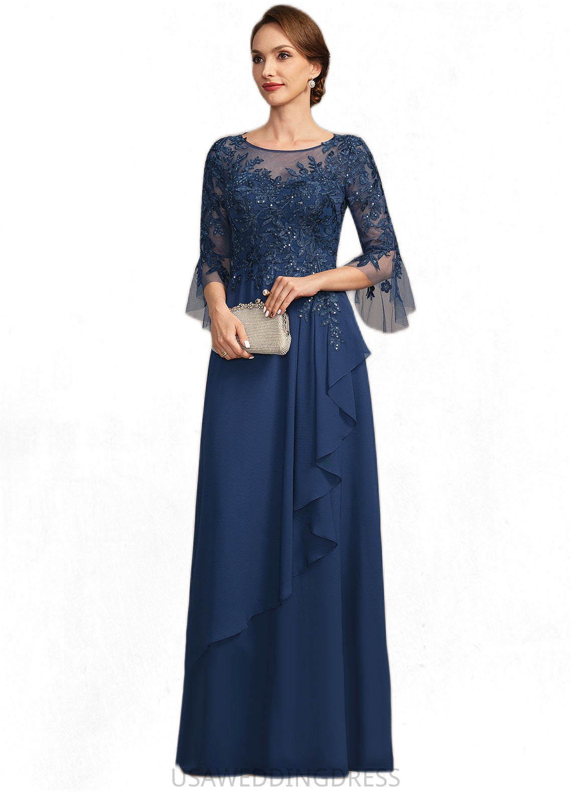 Savannah A-line Scoop Illusion Floor-Length Chiffon Lace Mother of the Bride Dress With Cascading Ruffles Sequins DS126P0021671