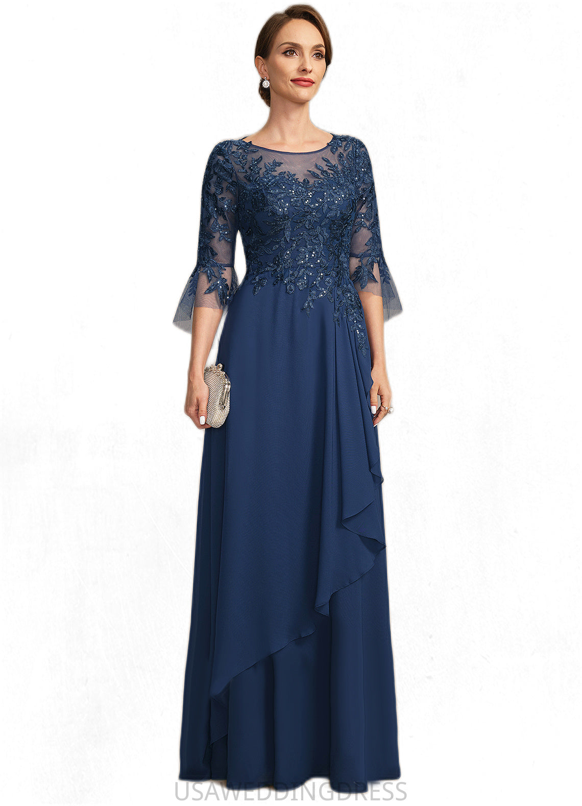 Savannah A-line Scoop Illusion Floor-Length Chiffon Lace Mother of the Bride Dress With Cascading Ruffles Sequins DS126P0021671