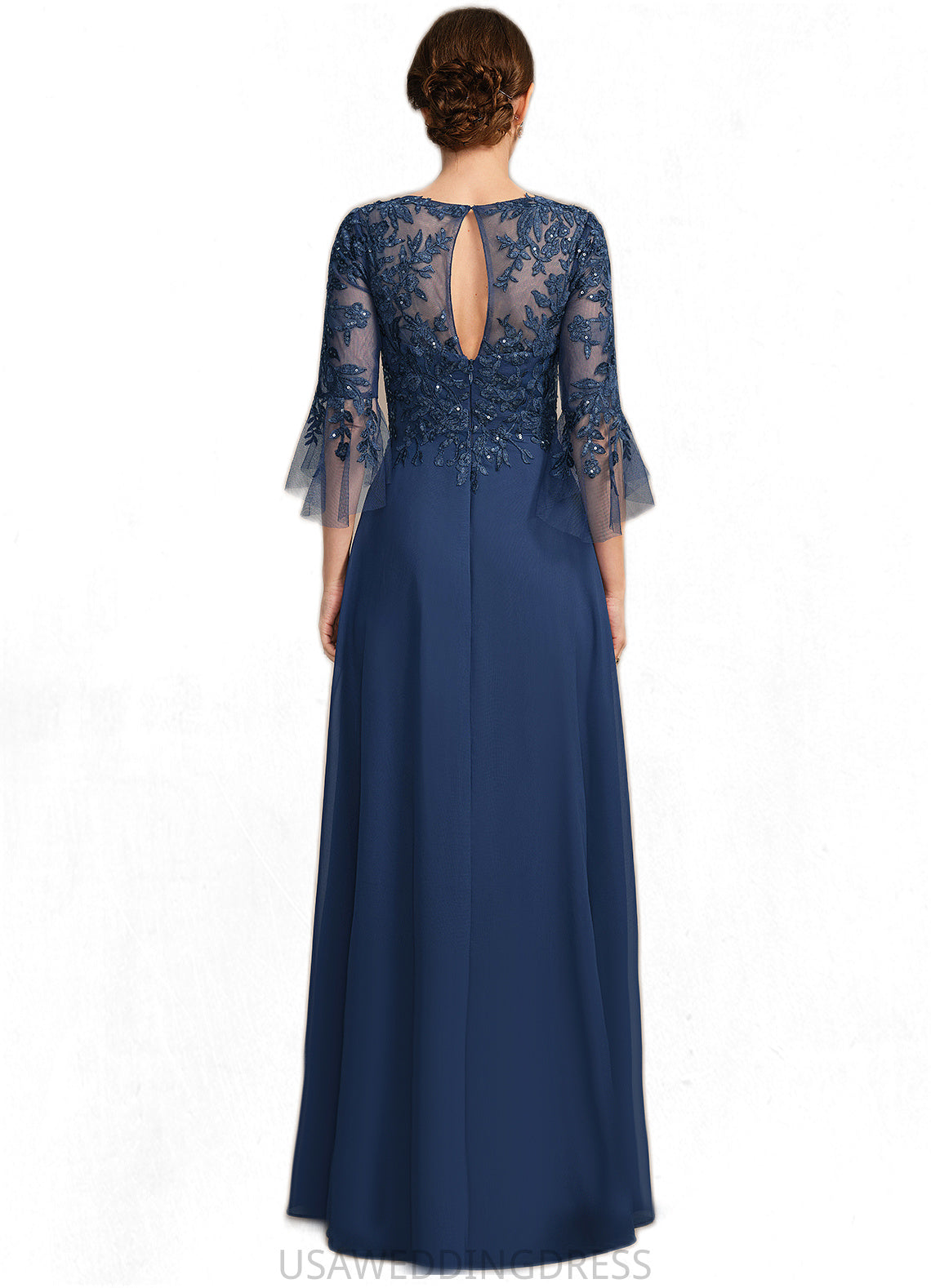 Savannah A-line Scoop Illusion Floor-Length Chiffon Lace Mother of the Bride Dress With Cascading Ruffles Sequins DS126P0021671