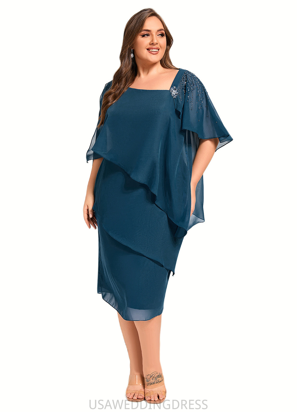 Brooke Sheath/Column Asymmetrical Knee-Length Chiffon Mother of the Bride Dress With Beading Sequins DS126P0021672