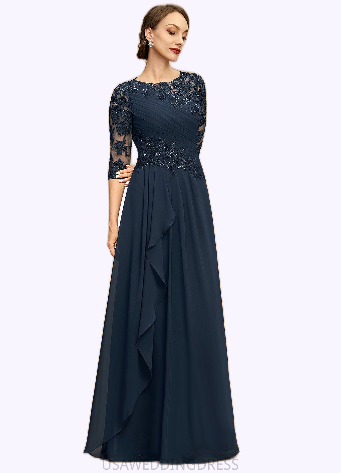 Claire A-line Scoop Floor-Length Chiffon Lace Mother of the Bride Dress With Cascading Ruffles Sequins DS126P0021673