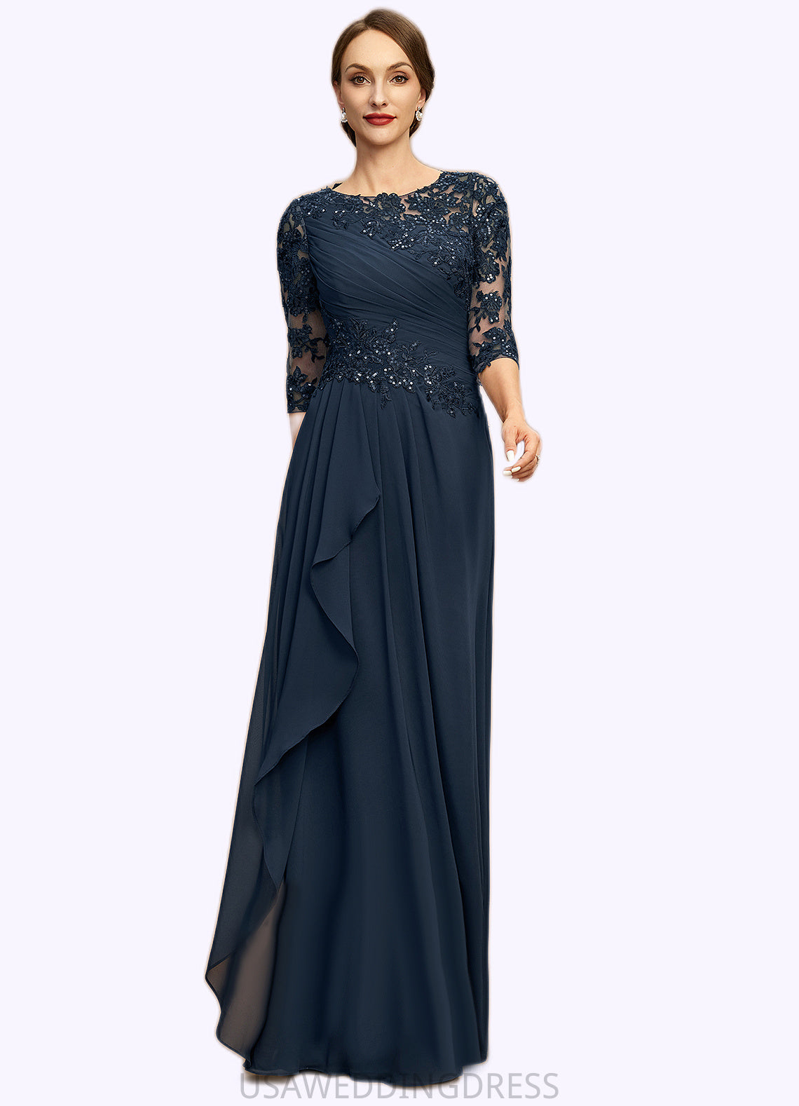 Claire A-line Scoop Floor-Length Chiffon Lace Mother of the Bride Dress With Cascading Ruffles Sequins DS126P0021673