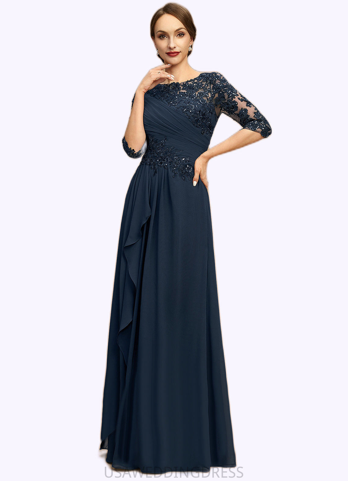 Claire A-line Scoop Floor-Length Chiffon Lace Mother of the Bride Dress With Cascading Ruffles Sequins DS126P0021673
