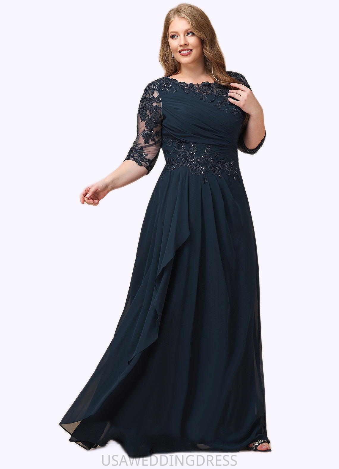 Claire A-line Scoop Floor-Length Chiffon Lace Mother of the Bride Dress With Cascading Ruffles Sequins DS126P0021673