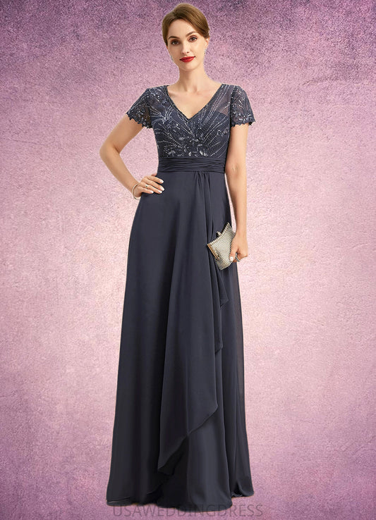 Leah A-line V-Neck Floor-Length Chiffon Lace Mother of the Bride Dress With Beading Cascading Ruffles Sequins DS126P0021675
