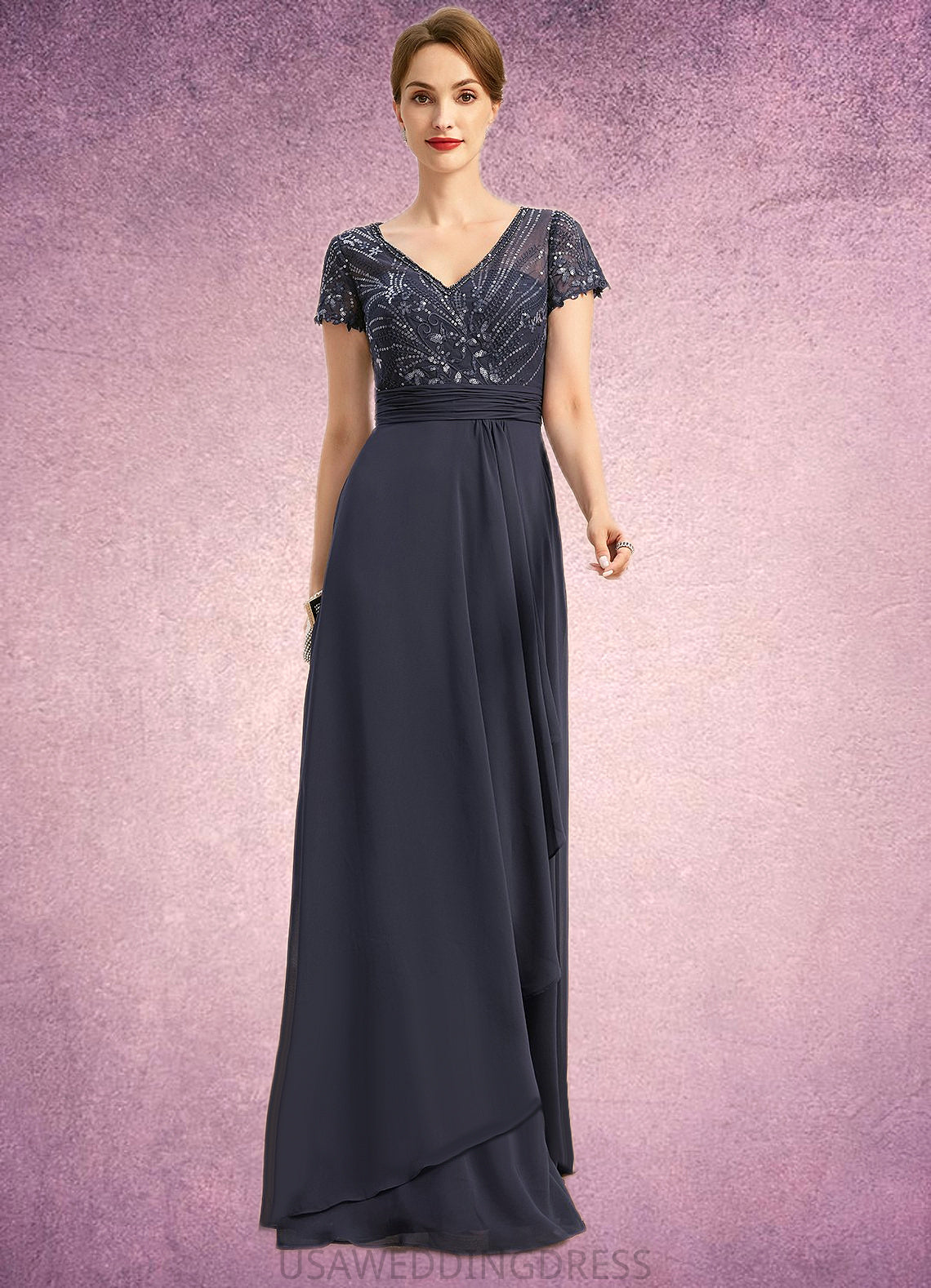 Leah A-line V-Neck Floor-Length Chiffon Lace Mother of the Bride Dress With Beading Cascading Ruffles Sequins DS126P0021675