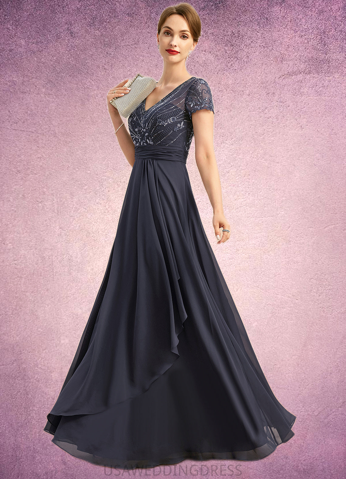 Leah A-line V-Neck Floor-Length Chiffon Lace Mother of the Bride Dress With Beading Cascading Ruffles Sequins DS126P0021675