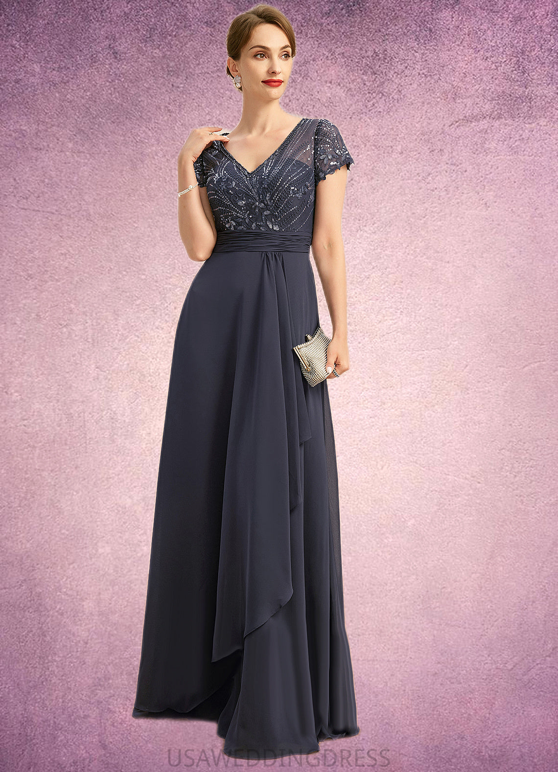 Leah A-line V-Neck Floor-Length Chiffon Lace Mother of the Bride Dress With Beading Cascading Ruffles Sequins DS126P0021675