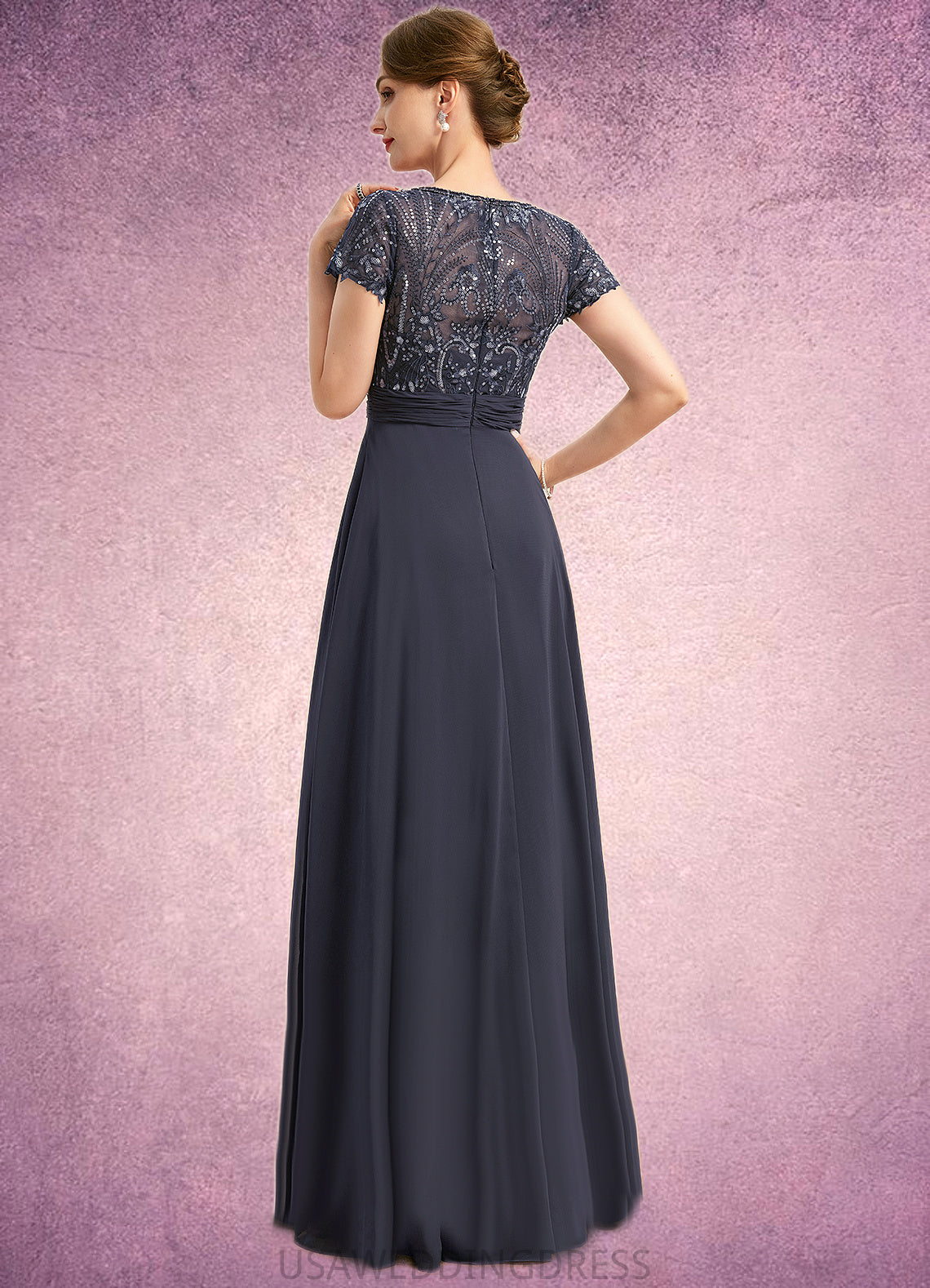 Leah A-line V-Neck Floor-Length Chiffon Lace Mother of the Bride Dress With Beading Cascading Ruffles Sequins DS126P0021675