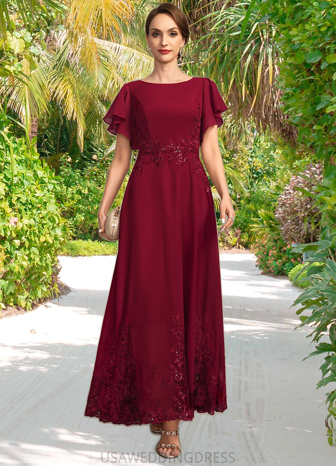 Mara A-line Scoop Ankle-Length Chiffon Lace Mother of the Bride Dress With Sequins DS126P0021676