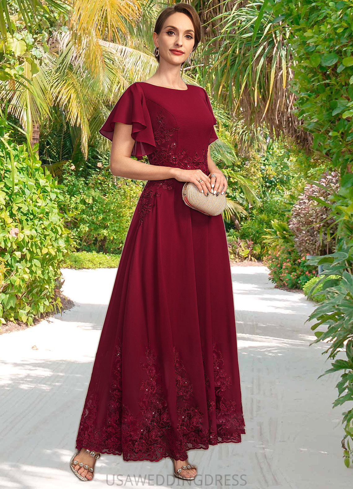 Mara A-line Scoop Ankle-Length Chiffon Lace Mother of the Bride Dress With Sequins DS126P0021676