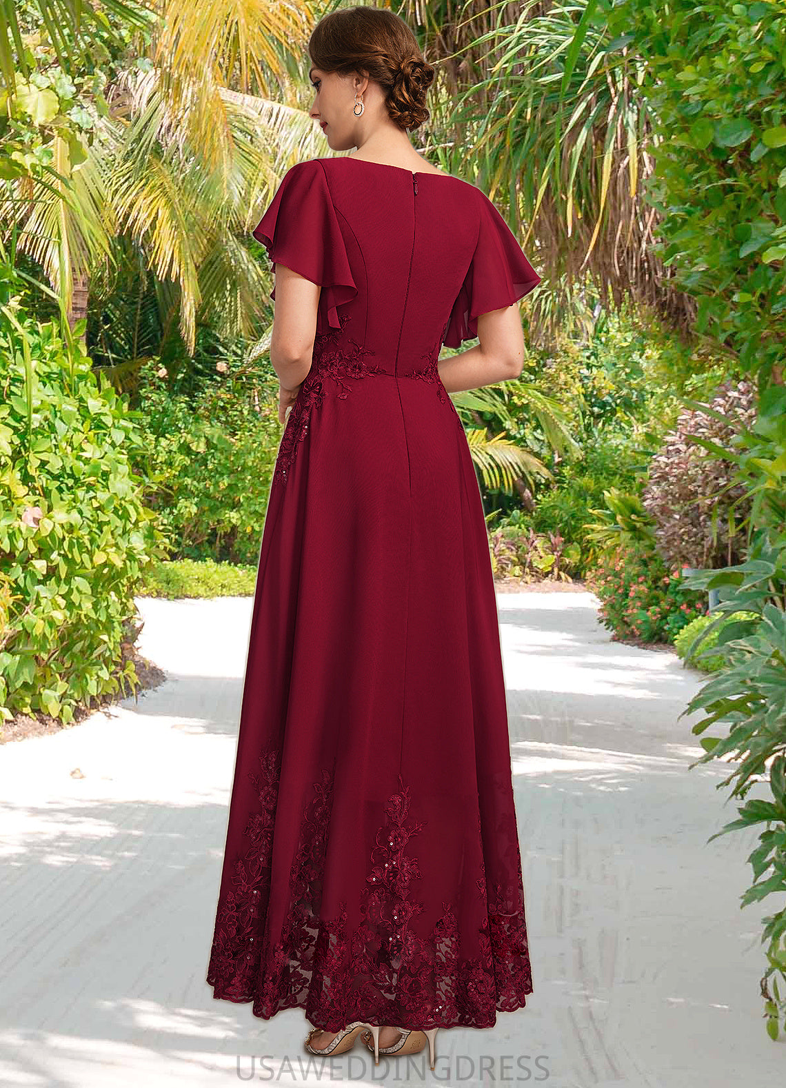 Mara A-line Scoop Ankle-Length Chiffon Lace Mother of the Bride Dress With Sequins DS126P0021676