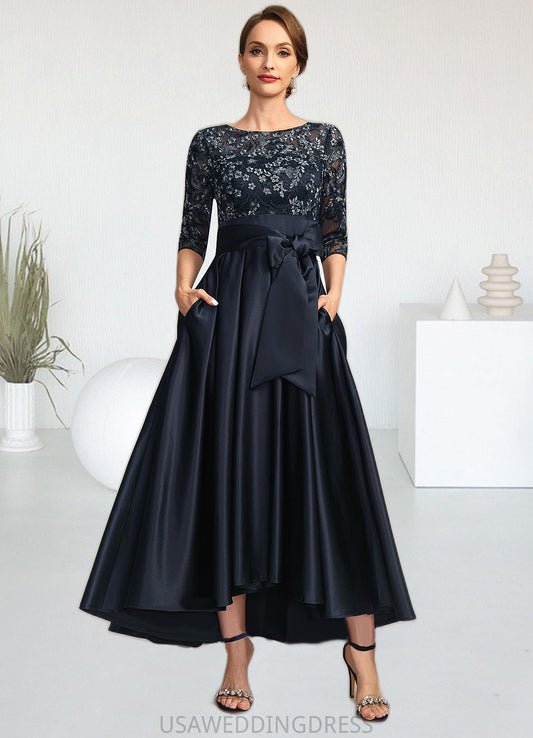 Kitty A-line Scoop Illusion Asymmetrical Lace Satin Mother of the Bride Dress With Bow DS126P0021678