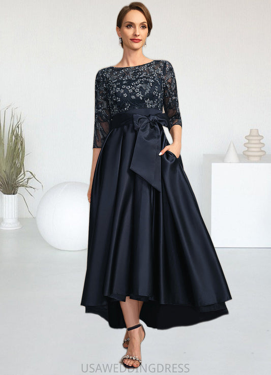Kitty A-line Scoop Illusion Asymmetrical Lace Satin Mother of the Bride Dress With Bow DS126P0021678