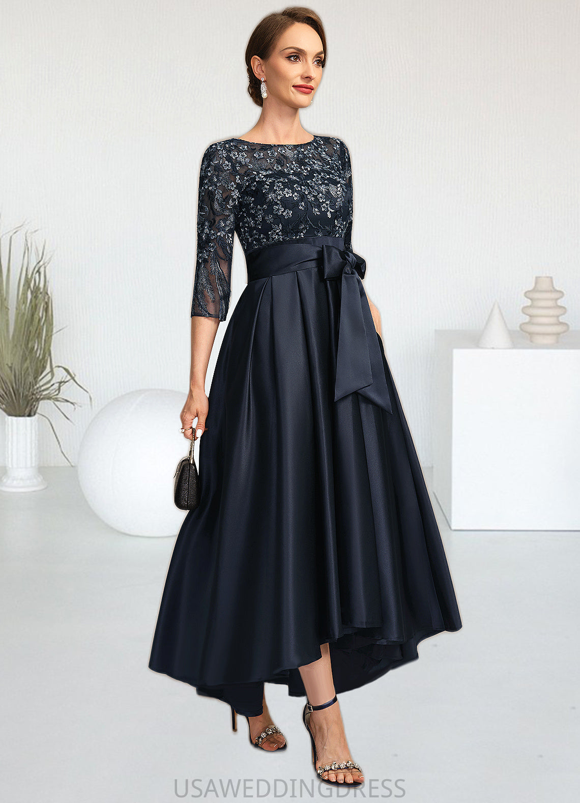 Kitty A-line Scoop Illusion Asymmetrical Lace Satin Mother of the Bride Dress With Bow DS126P0021678