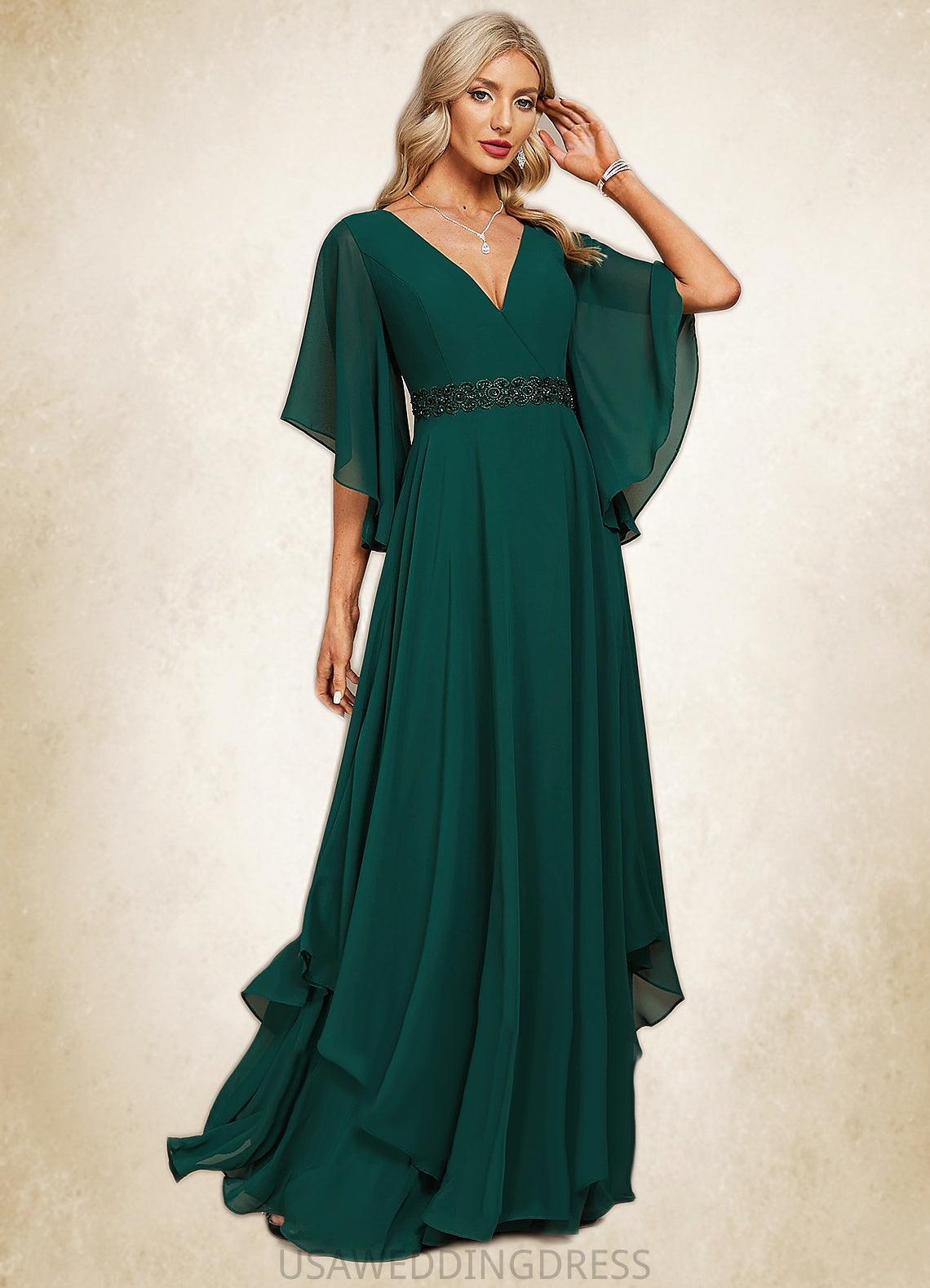 Eileen A-line V-Neck Floor-Length Chiffon Mother of the Bride Dress With Beading Appliques Lace Sequins DS126P0021682