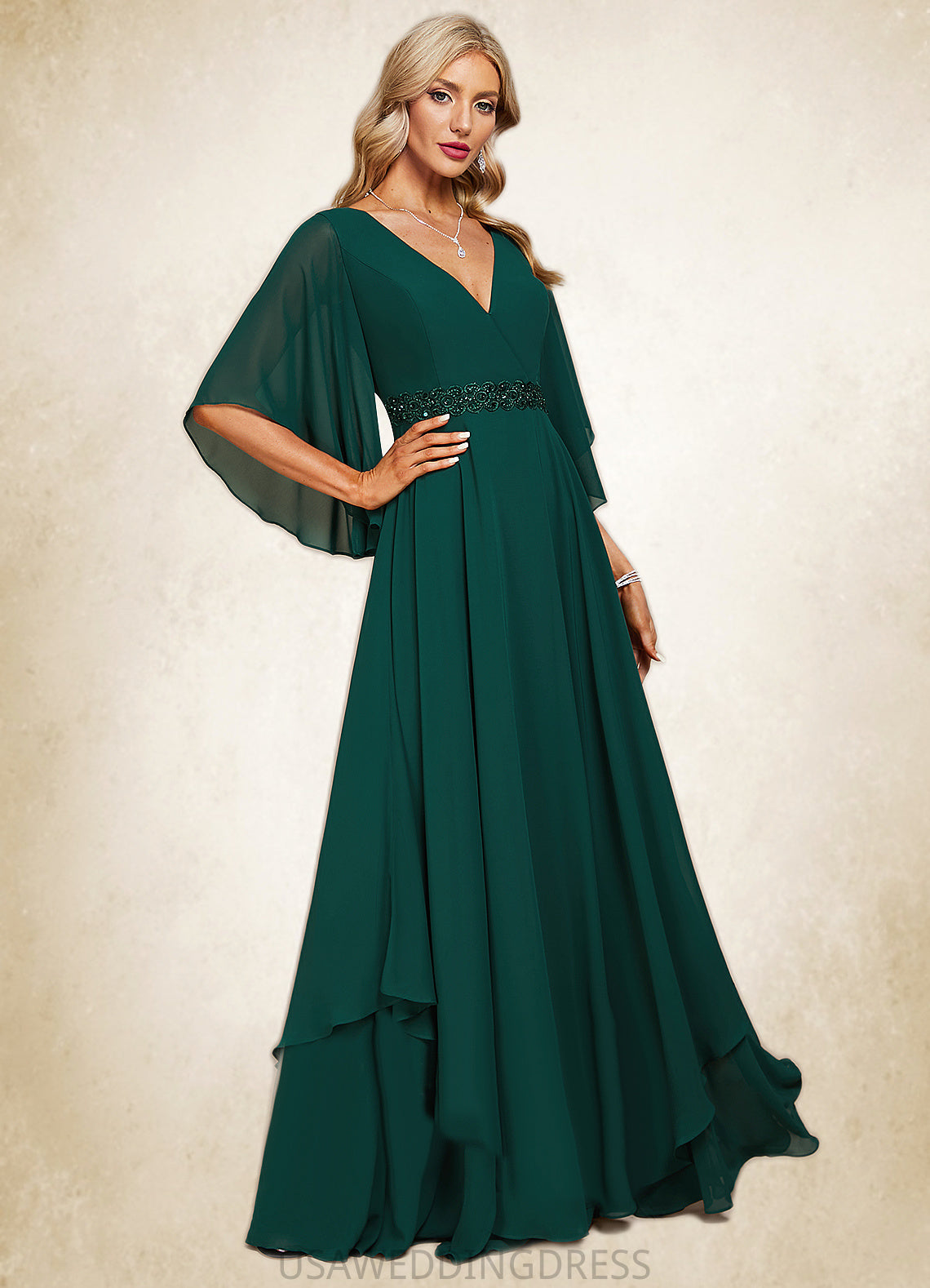 Eileen A-line V-Neck Floor-Length Chiffon Mother of the Bride Dress With Beading Appliques Lace Sequins DS126P0021682