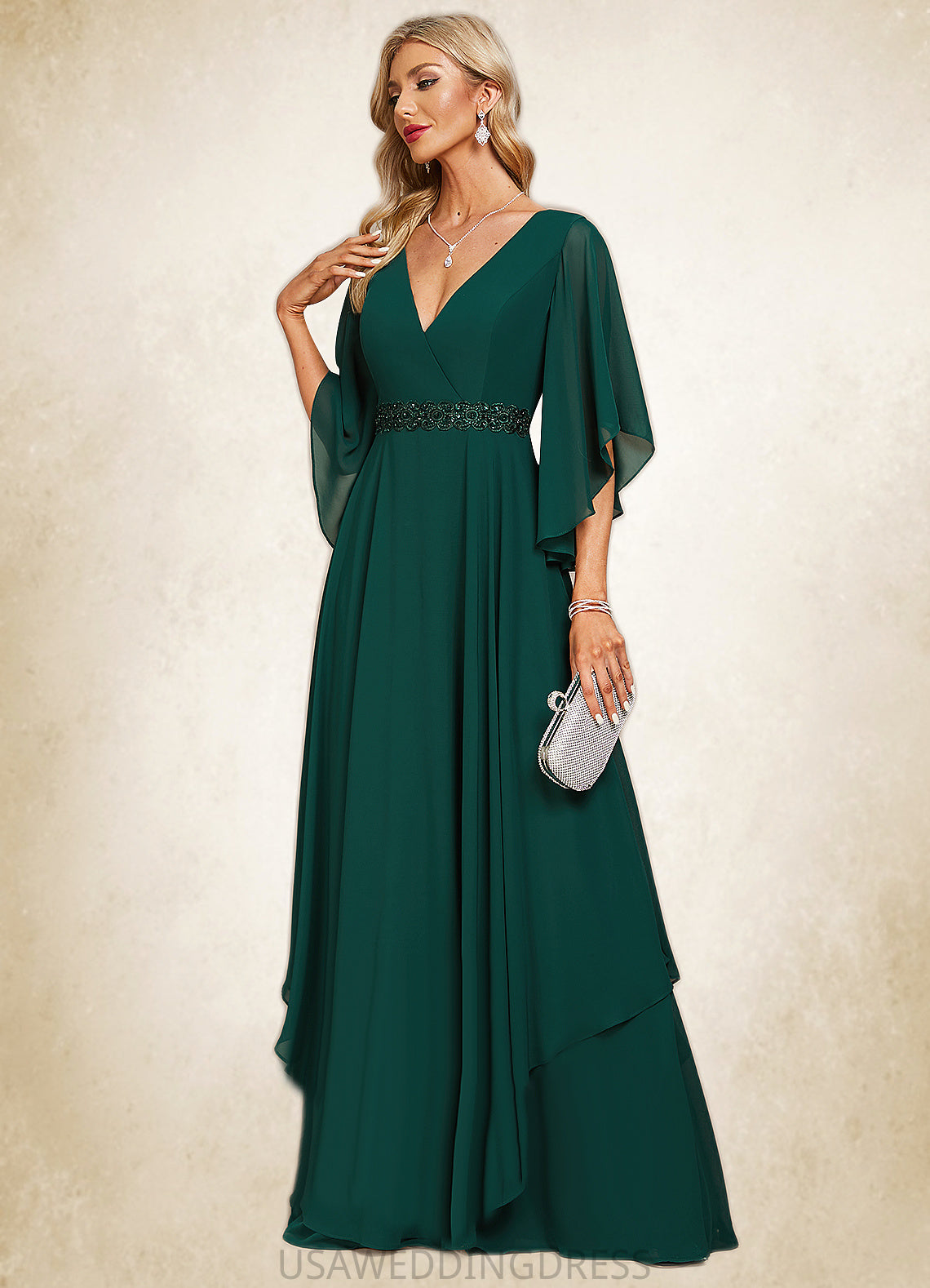 Eileen A-line V-Neck Floor-Length Chiffon Mother of the Bride Dress With Beading Appliques Lace Sequins DS126P0021682