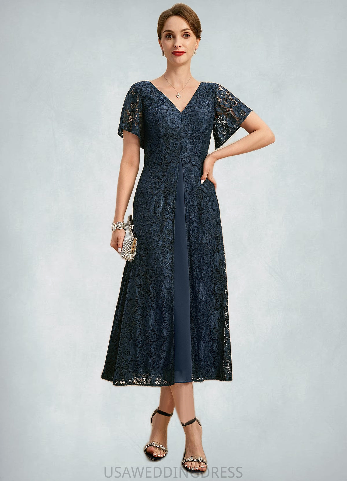 Mckenzie A-line V-Neck Tea-Length Chiffon Lace Mother of the Bride Dress DS126P0021686