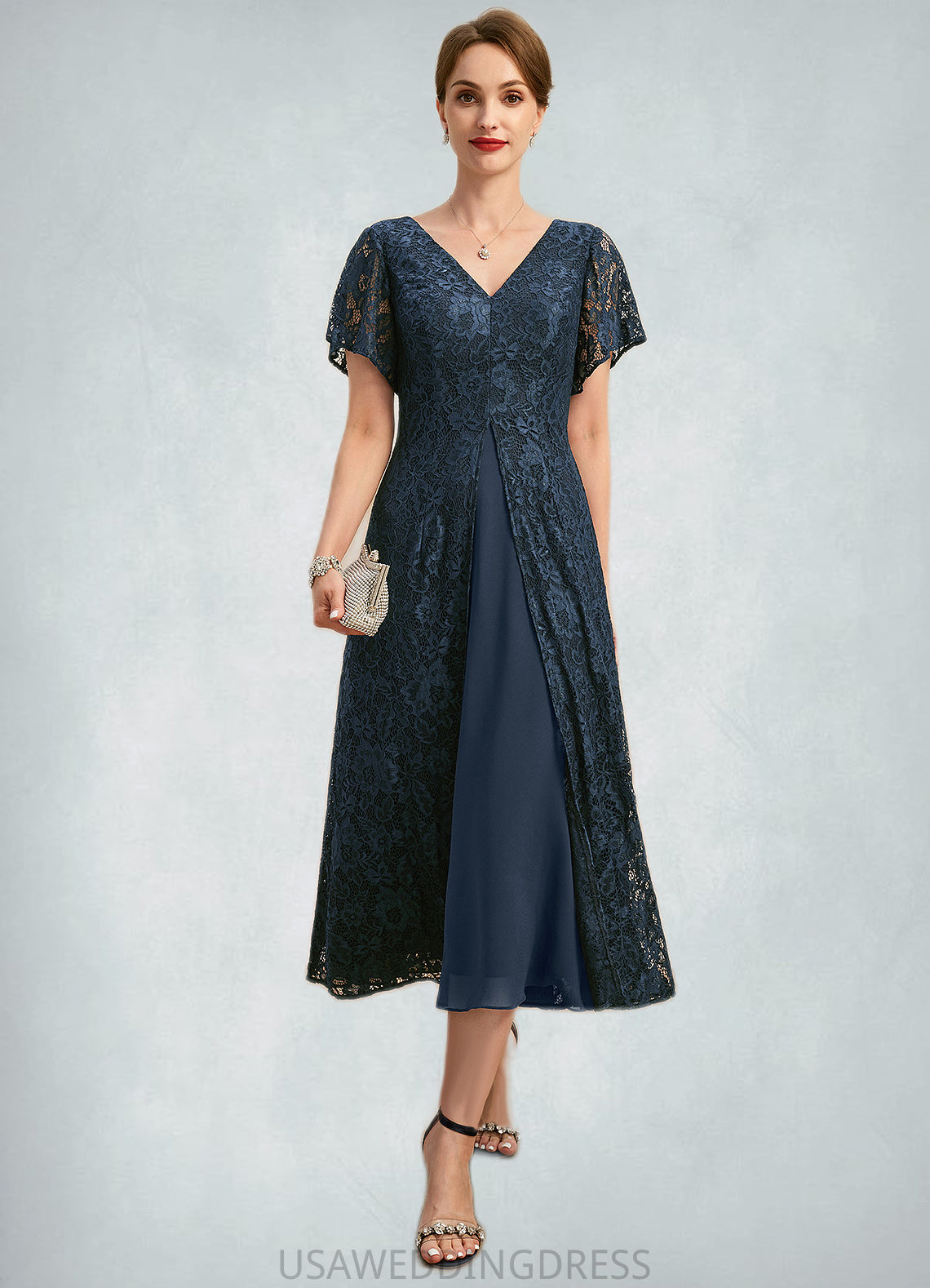 Mckenzie A-line V-Neck Tea-Length Chiffon Lace Mother of the Bride Dress DS126P0021686