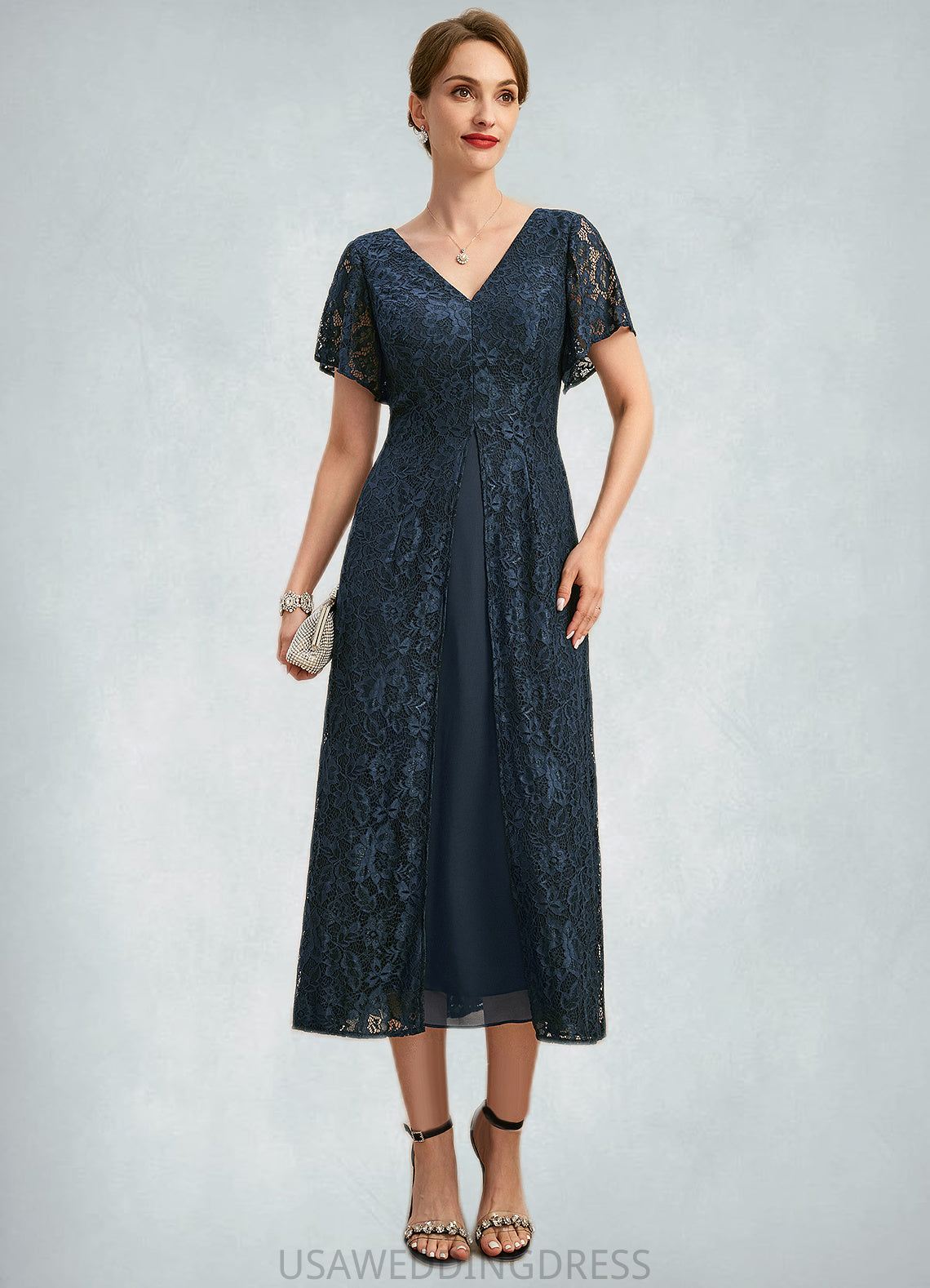 Mckenzie A-line V-Neck Tea-Length Chiffon Lace Mother of the Bride Dress DS126P0021686