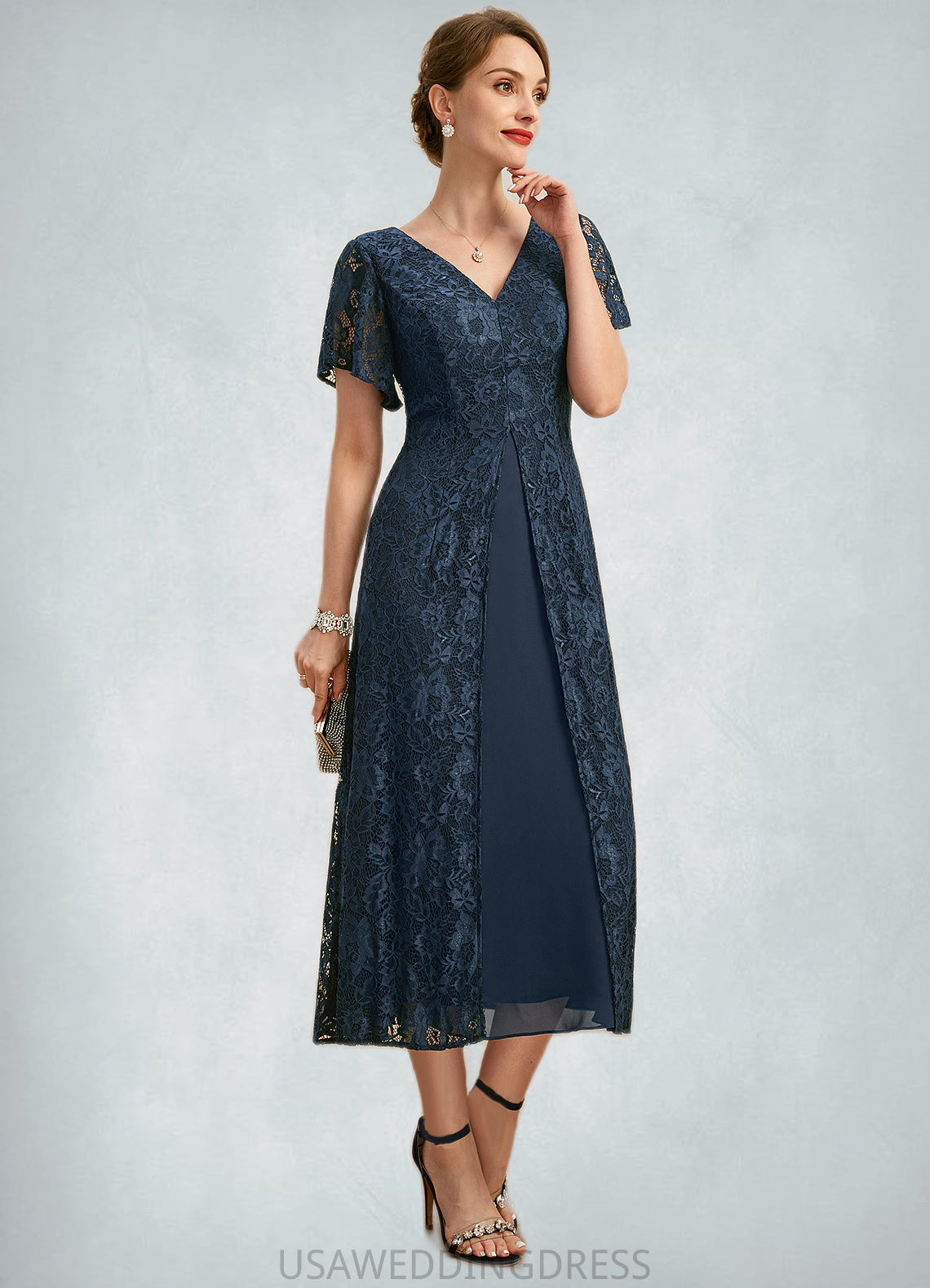 Mckenzie A-line V-Neck Tea-Length Chiffon Lace Mother of the Bride Dress DS126P0021686