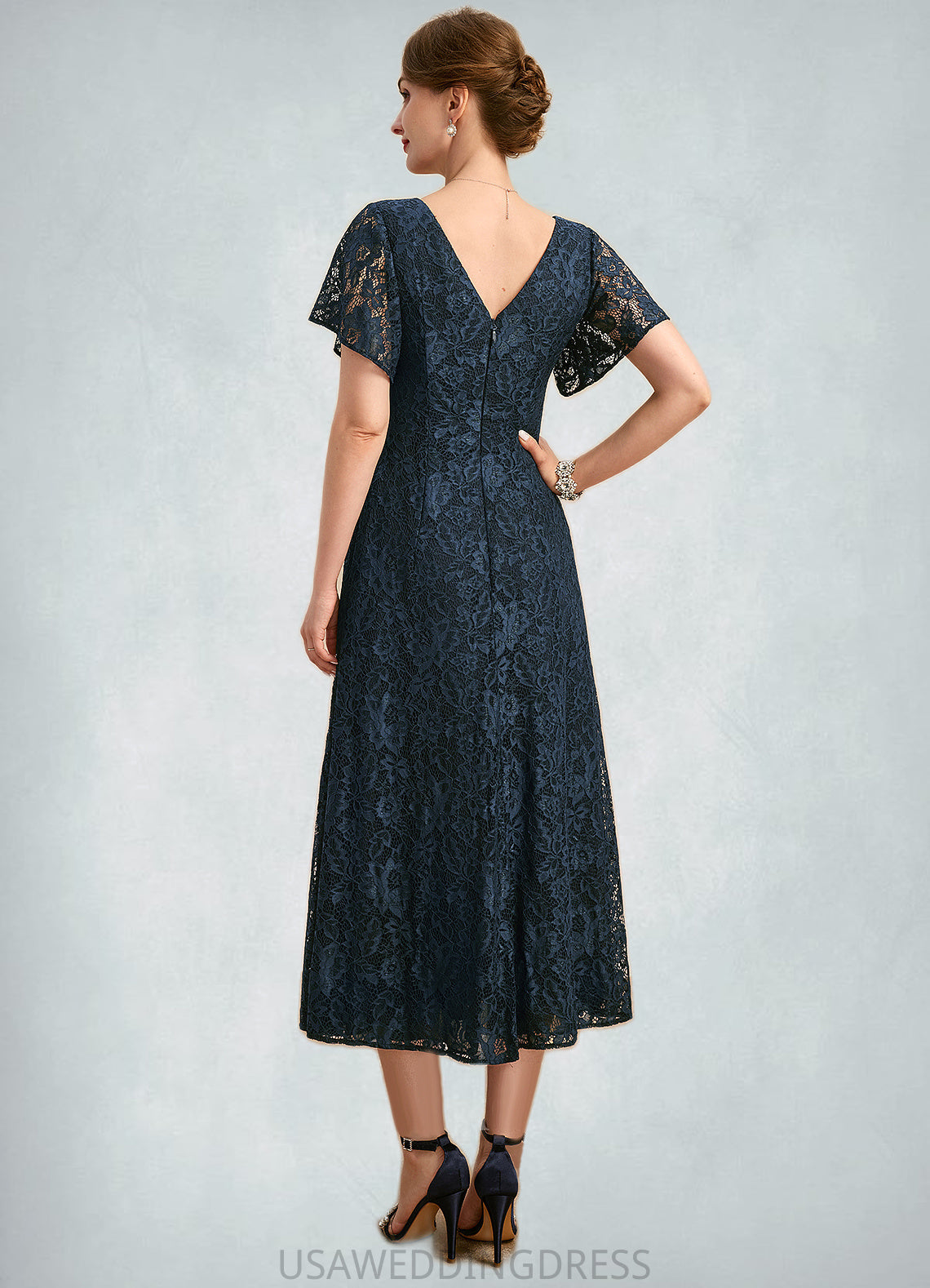 Mckenzie A-line V-Neck Tea-Length Chiffon Lace Mother of the Bride Dress DS126P0021686