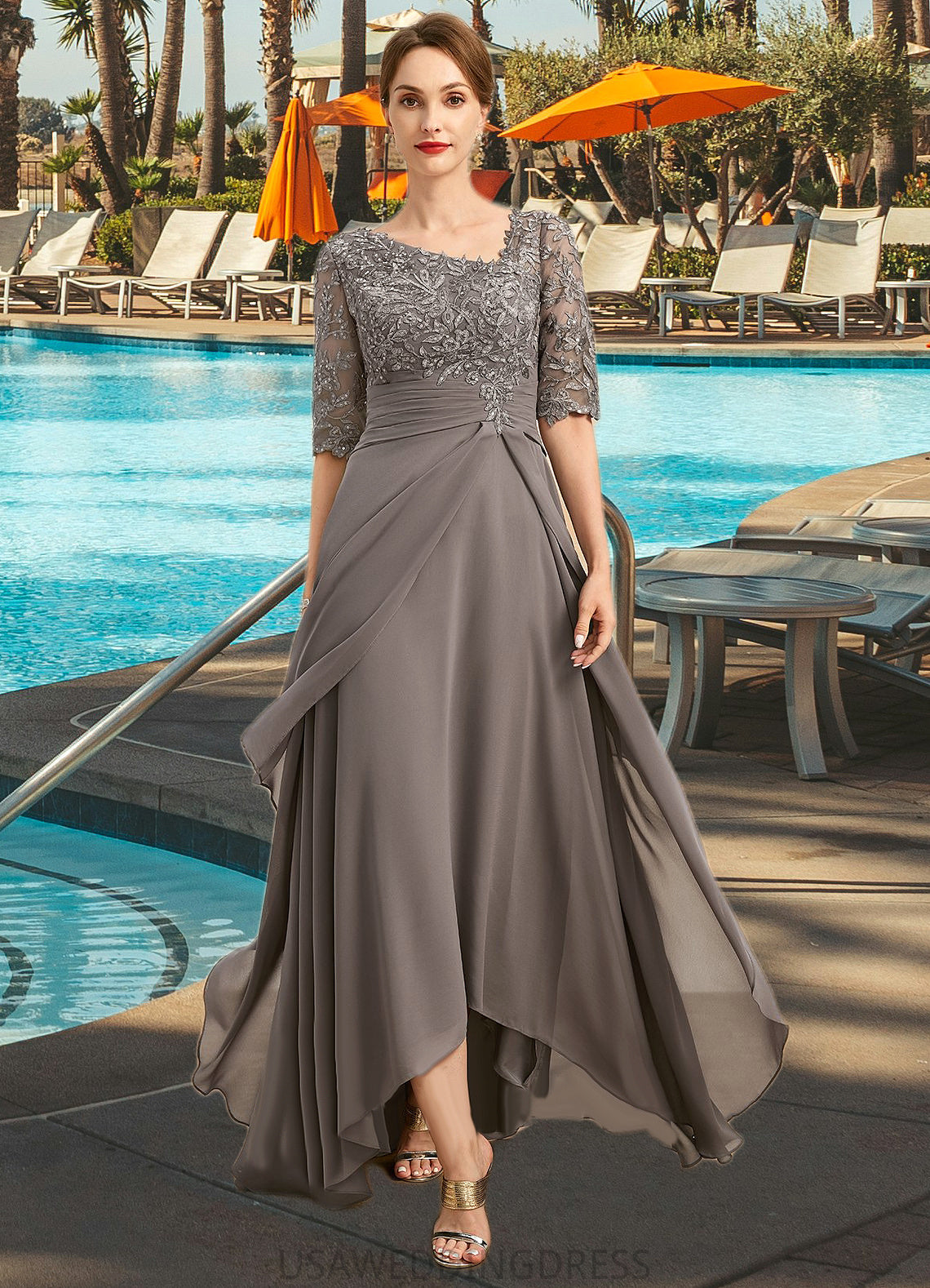 Alexandra A-line Asymmetrical Asymmetrical Chiffon Lace Mother of the Bride Dress With Pleated Sequins DS126P0021688