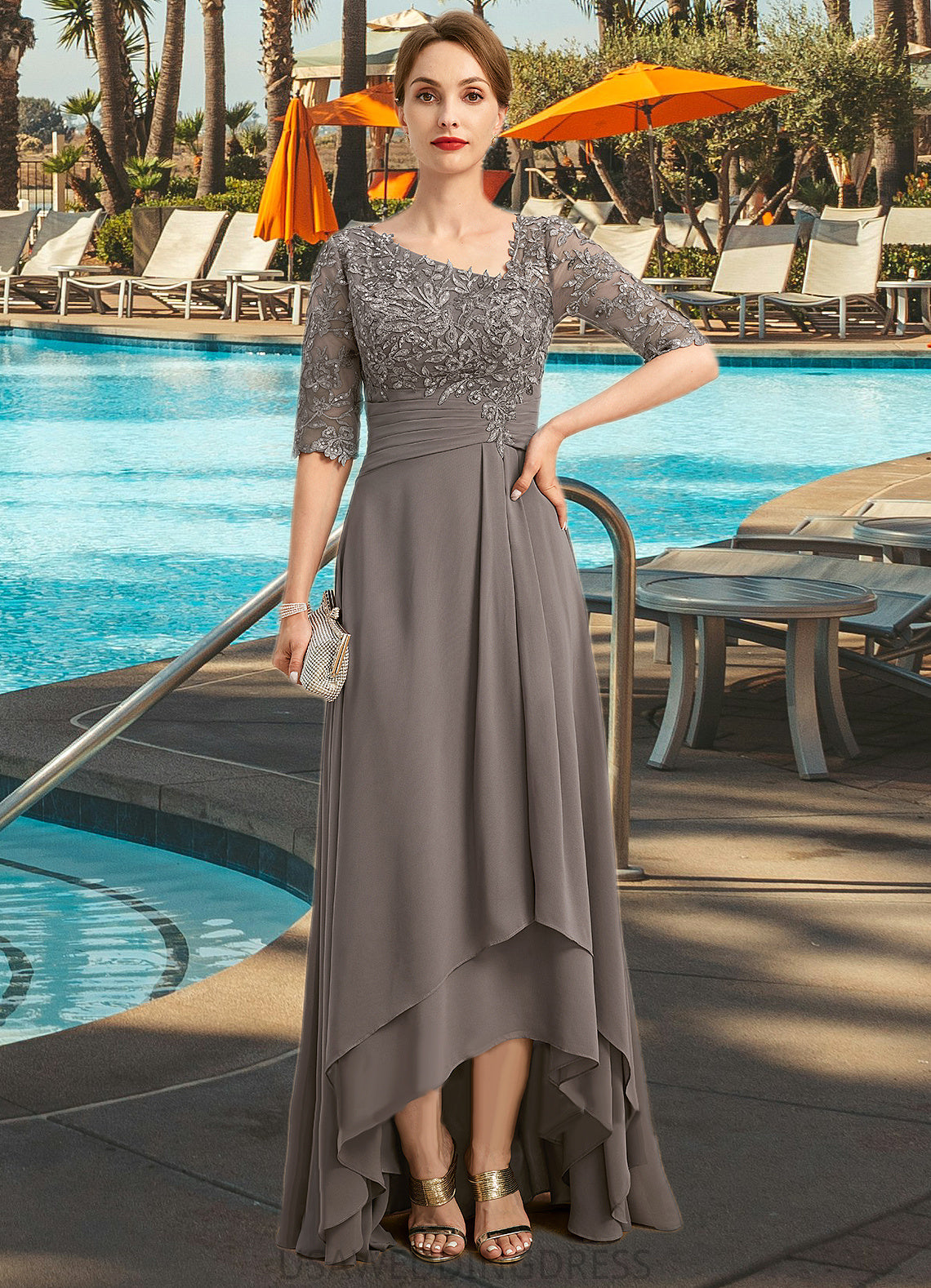 Alexandra A-line Asymmetrical Asymmetrical Chiffon Lace Mother of the Bride Dress With Pleated Sequins DS126P0021688