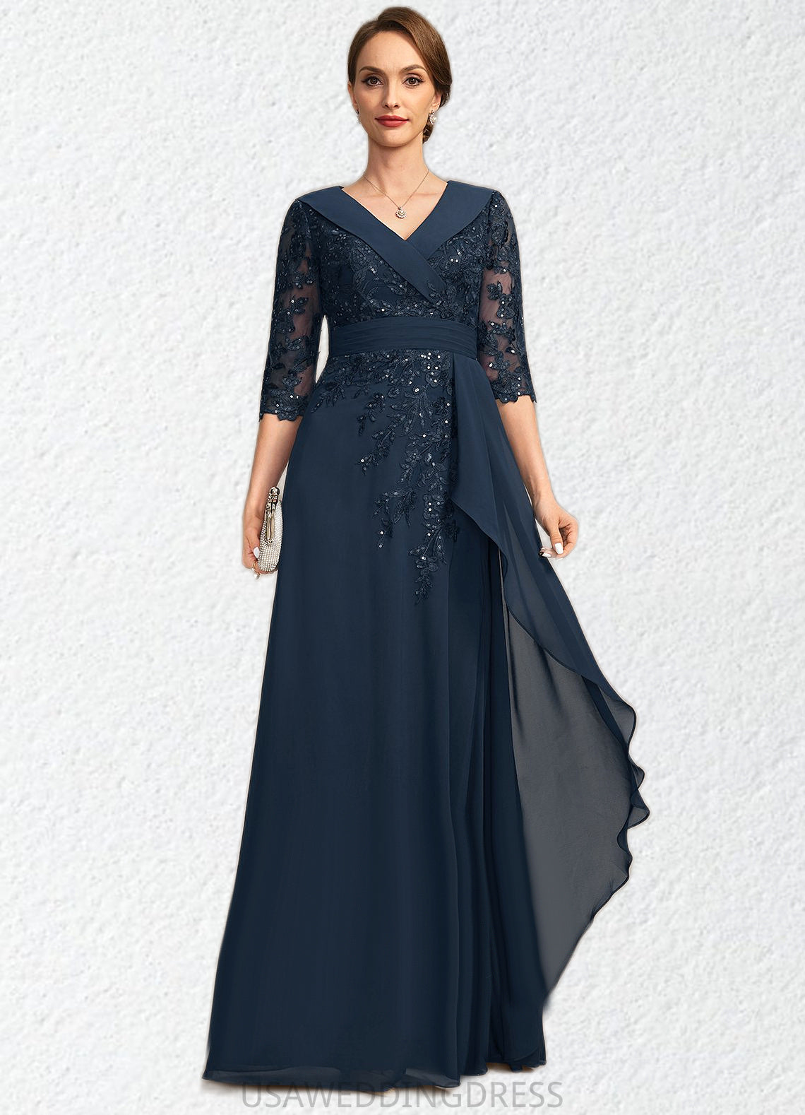 Angel A-line V-Neck Floor-Length Chiffon Lace Mother of the Bride Dress With Cascading Ruffles Sequins DS126P0021691