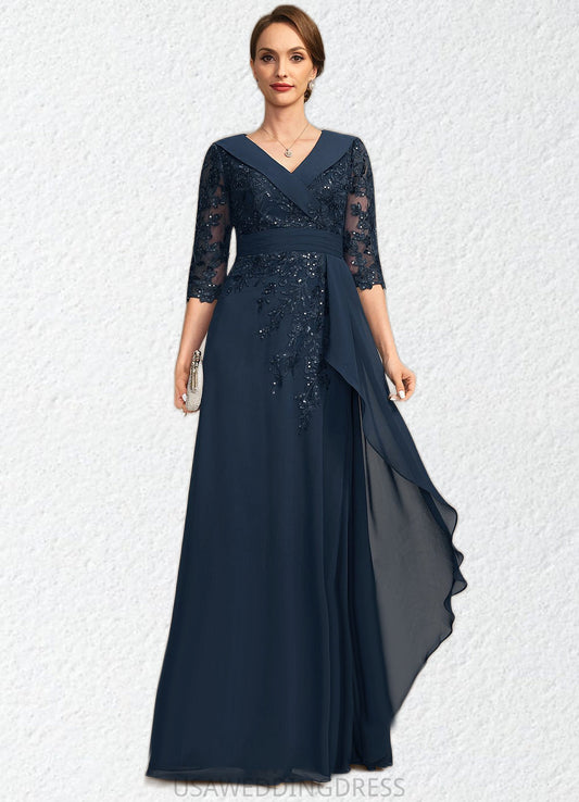 Angel A-line V-Neck Floor-Length Chiffon Lace Mother of the Bride Dress With Cascading Ruffles Sequins DS126P0021691