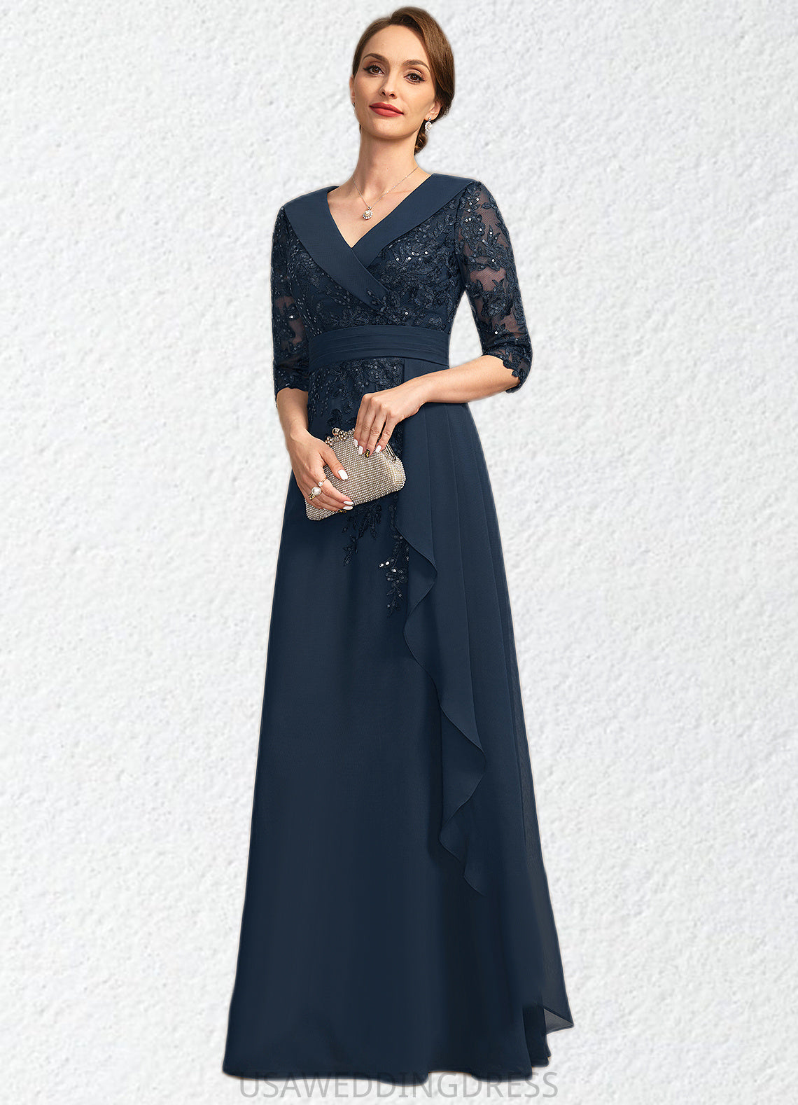 Angel A-line V-Neck Floor-Length Chiffon Lace Mother of the Bride Dress With Cascading Ruffles Sequins DS126P0021691