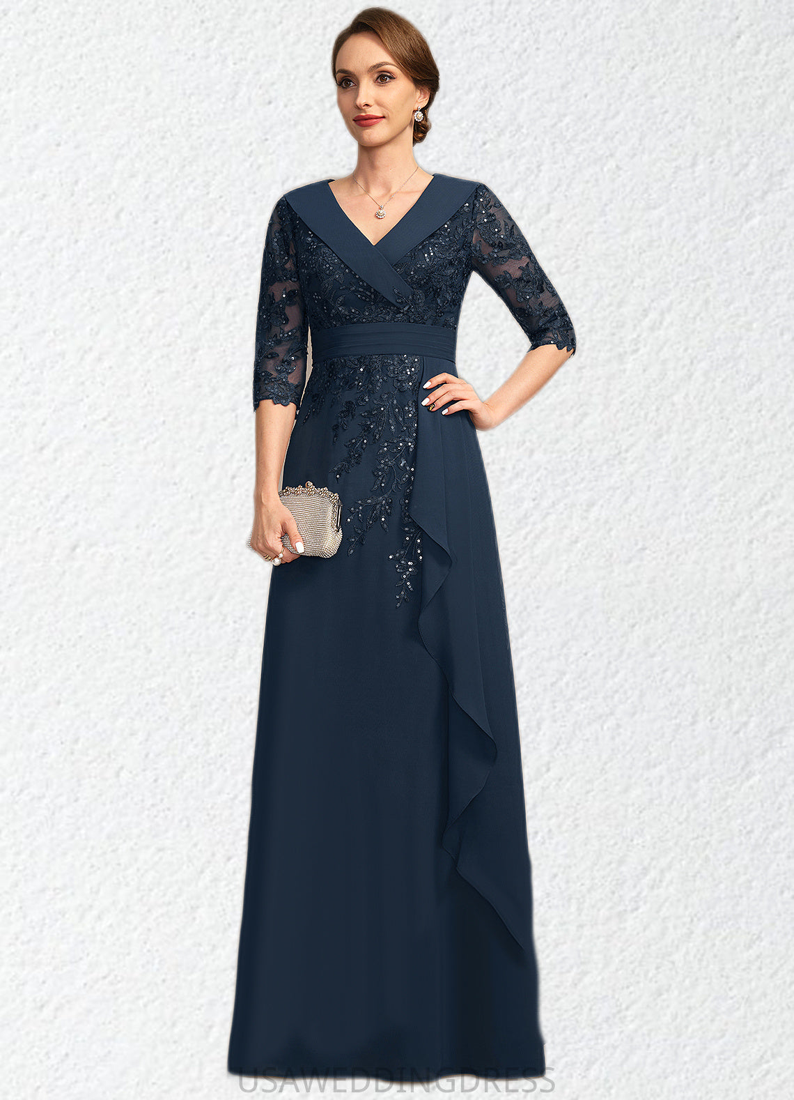 Angel A-line V-Neck Floor-Length Chiffon Lace Mother of the Bride Dress With Cascading Ruffles Sequins DS126P0021691