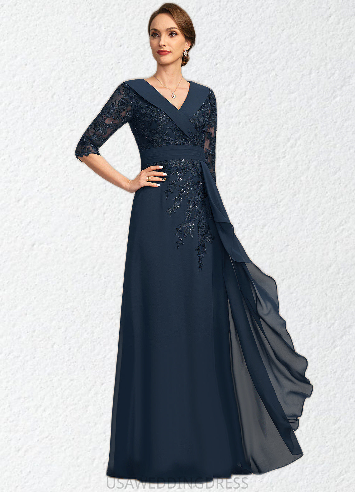 Angel A-line V-Neck Floor-Length Chiffon Lace Mother of the Bride Dress With Cascading Ruffles Sequins DS126P0021691