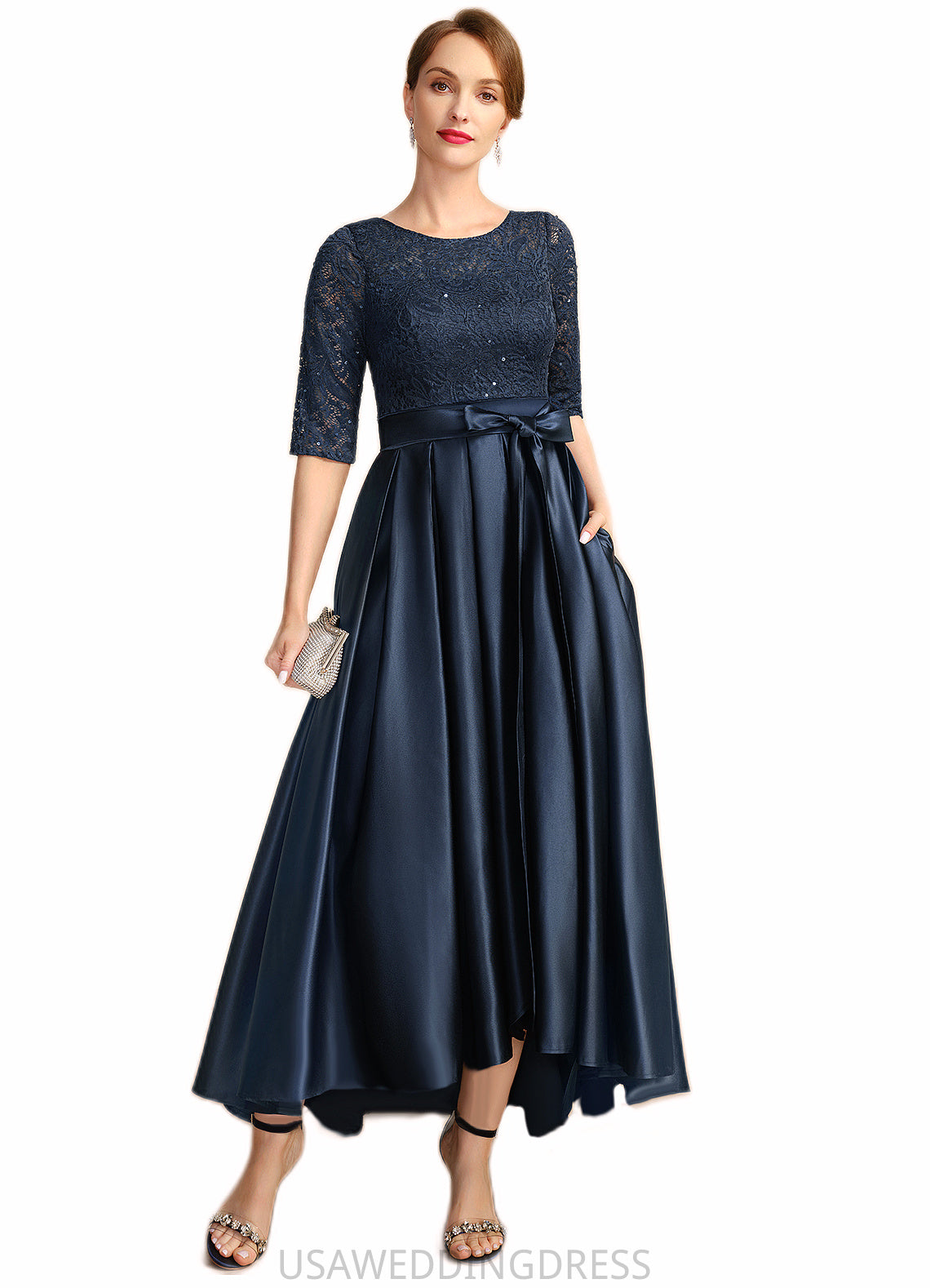 Joy A-line Scoop Asymmetrical Lace Satin Mother of the Bride Dress With Bow Sequins DS126P0021697