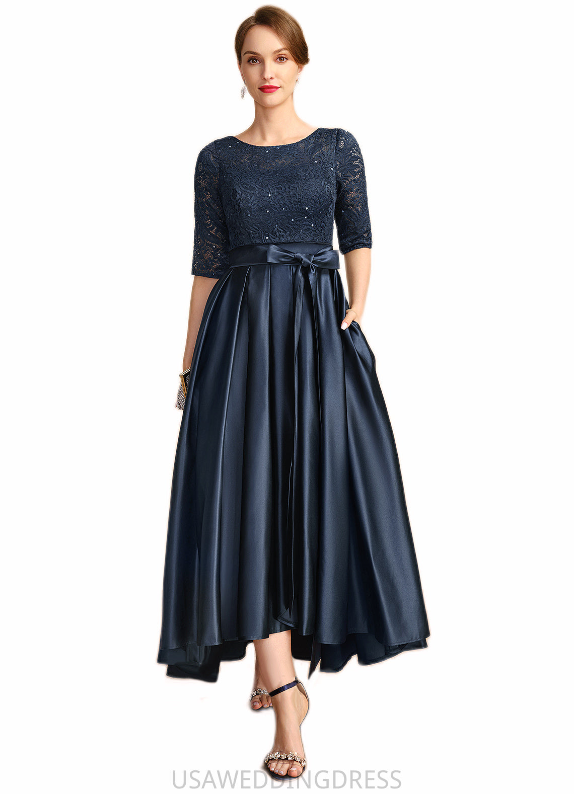 Joy A-line Scoop Asymmetrical Lace Satin Mother of the Bride Dress With Bow Sequins DS126P0021697