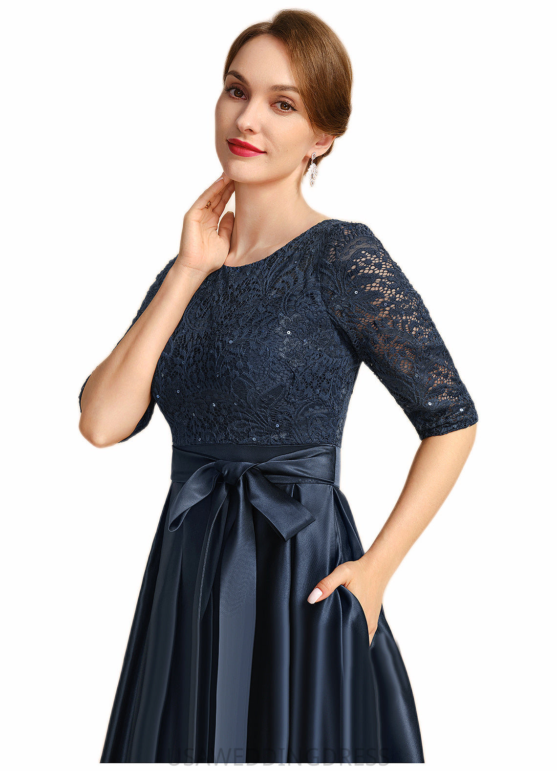 Joy A-line Scoop Asymmetrical Lace Satin Mother of the Bride Dress With Bow Sequins DS126P0021697