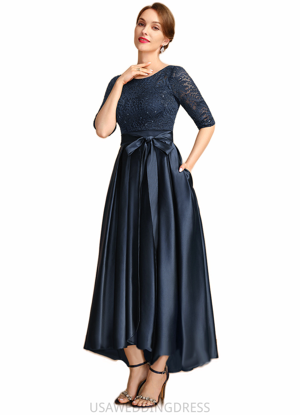Joy A-line Scoop Asymmetrical Lace Satin Mother of the Bride Dress With Bow Sequins DS126P0021697