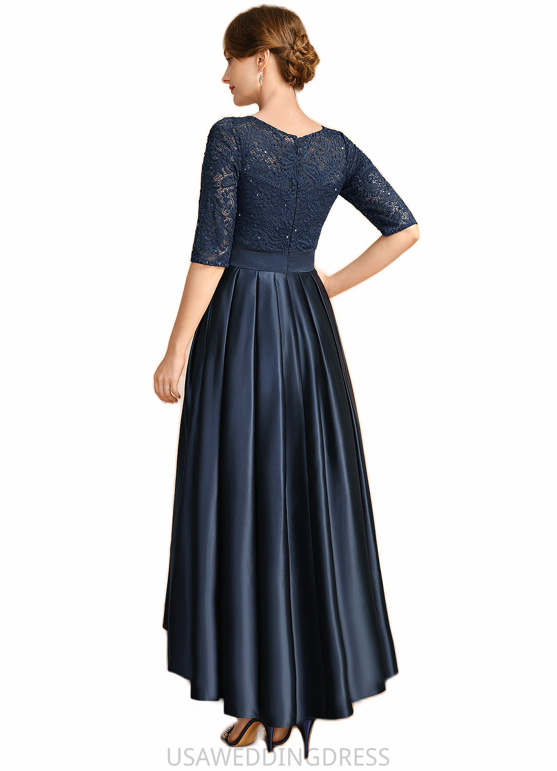 Joy A-line Scoop Asymmetrical Lace Satin Mother of the Bride Dress With Bow Sequins DS126P0021697