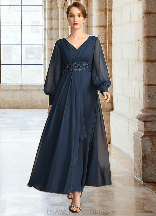 Germaine A-line V-Neck Ankle-Length Chiffon Mother of the Bride Dress With Beading Cascading Ruffles Sequins DS126P0021698
