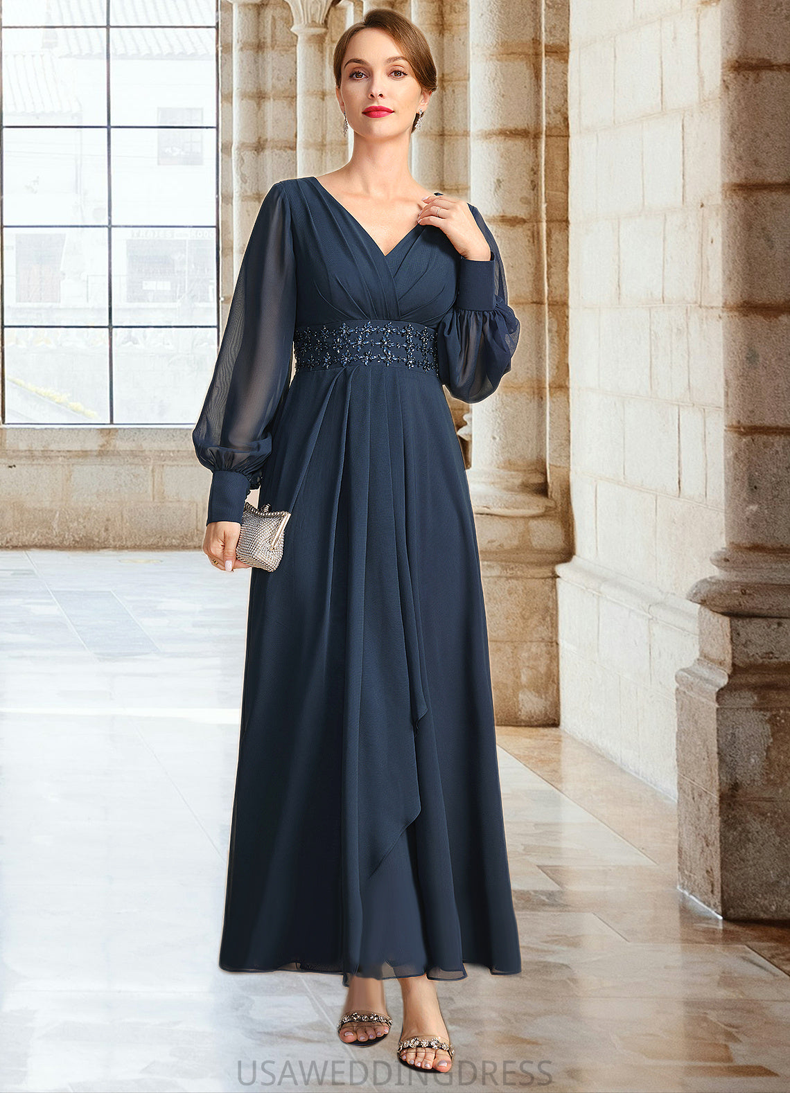 Germaine A-line V-Neck Ankle-Length Chiffon Mother of the Bride Dress With Beading Cascading Ruffles Sequins DS126P0021698
