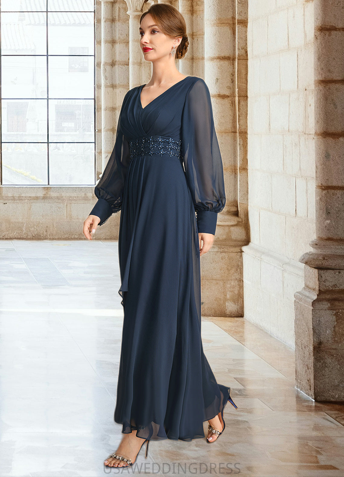 Germaine A-line V-Neck Ankle-Length Chiffon Mother of the Bride Dress With Beading Cascading Ruffles Sequins DS126P0021698