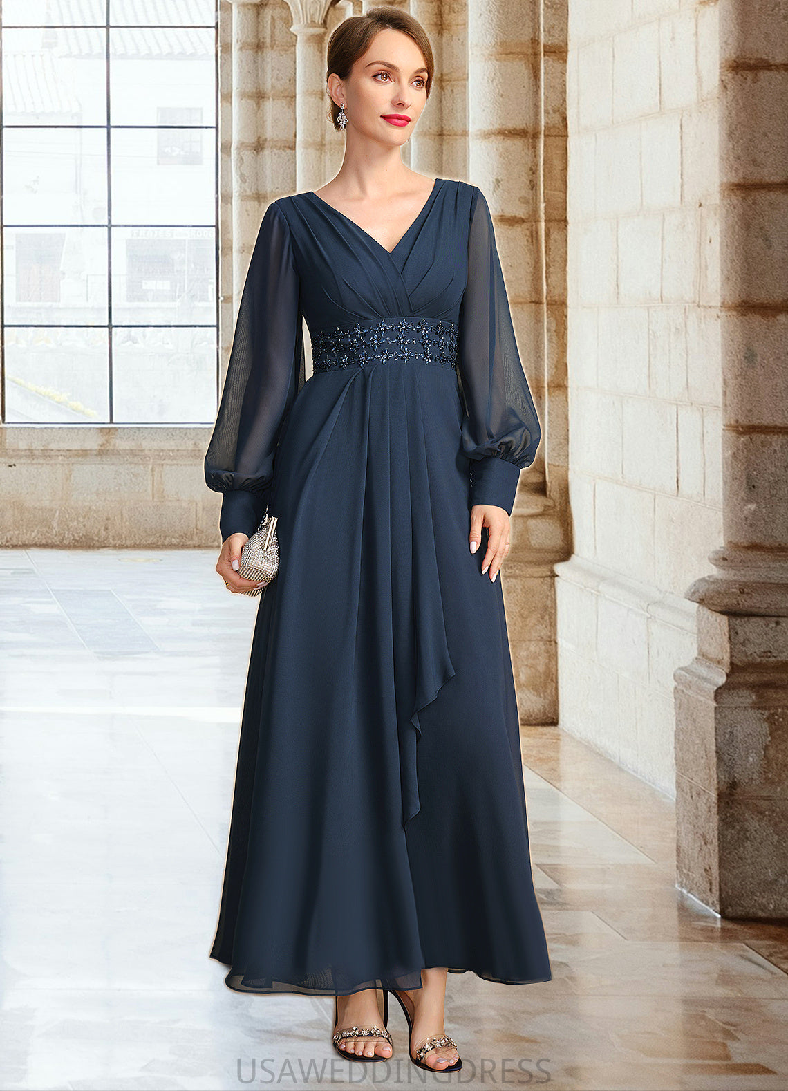 Germaine A-line V-Neck Ankle-Length Chiffon Mother of the Bride Dress With Beading Cascading Ruffles Sequins DS126P0021698