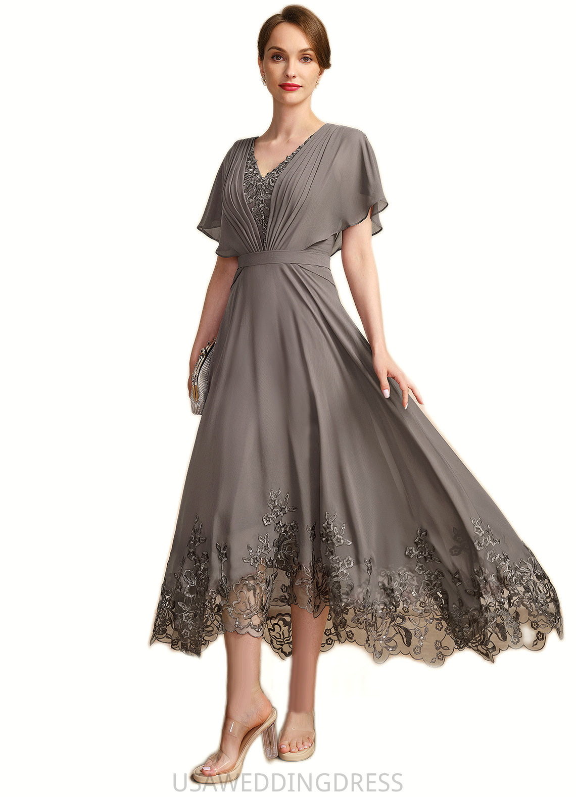 Aryanna A-line V-Neck Asymmetrical Chiffon Lace Mother of the Bride Dress With Pleated DS126P0021699