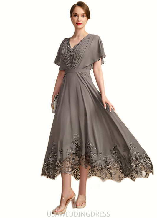 Aryanna A-line V-Neck Asymmetrical Chiffon Lace Mother of the Bride Dress With Pleated DS126P0021699