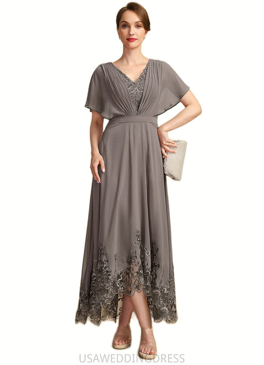 Aryanna A-line V-Neck Asymmetrical Chiffon Lace Mother of the Bride Dress With Pleated DS126P0021699