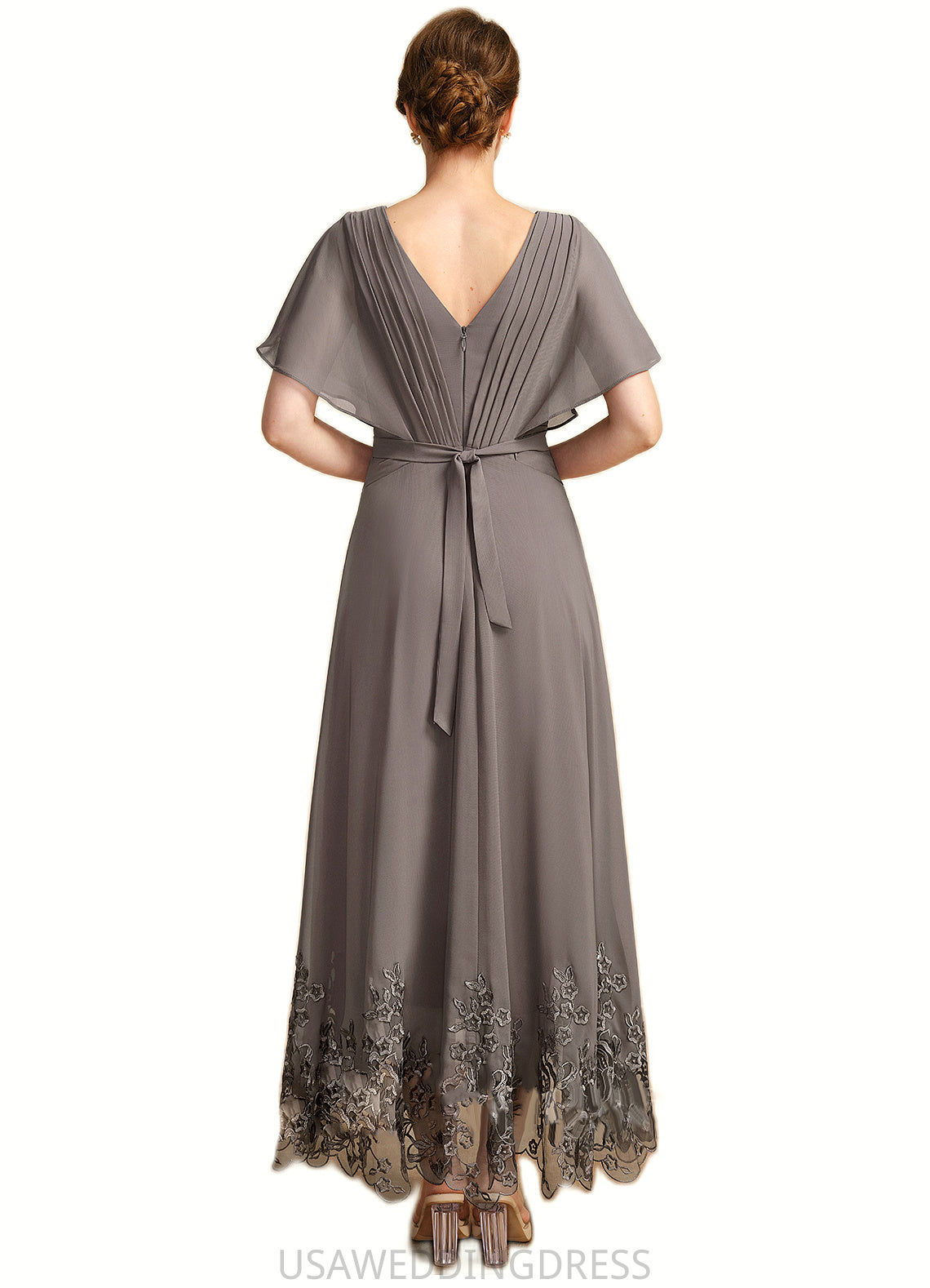 Aryanna A-line V-Neck Asymmetrical Chiffon Lace Mother of the Bride Dress With Pleated DS126P0021699