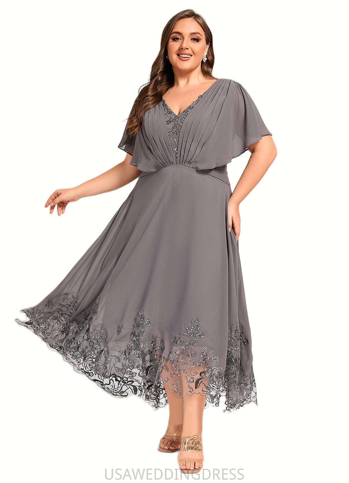 Aryanna A-line V-Neck Asymmetrical Chiffon Lace Mother of the Bride Dress With Pleated DS126P0021699