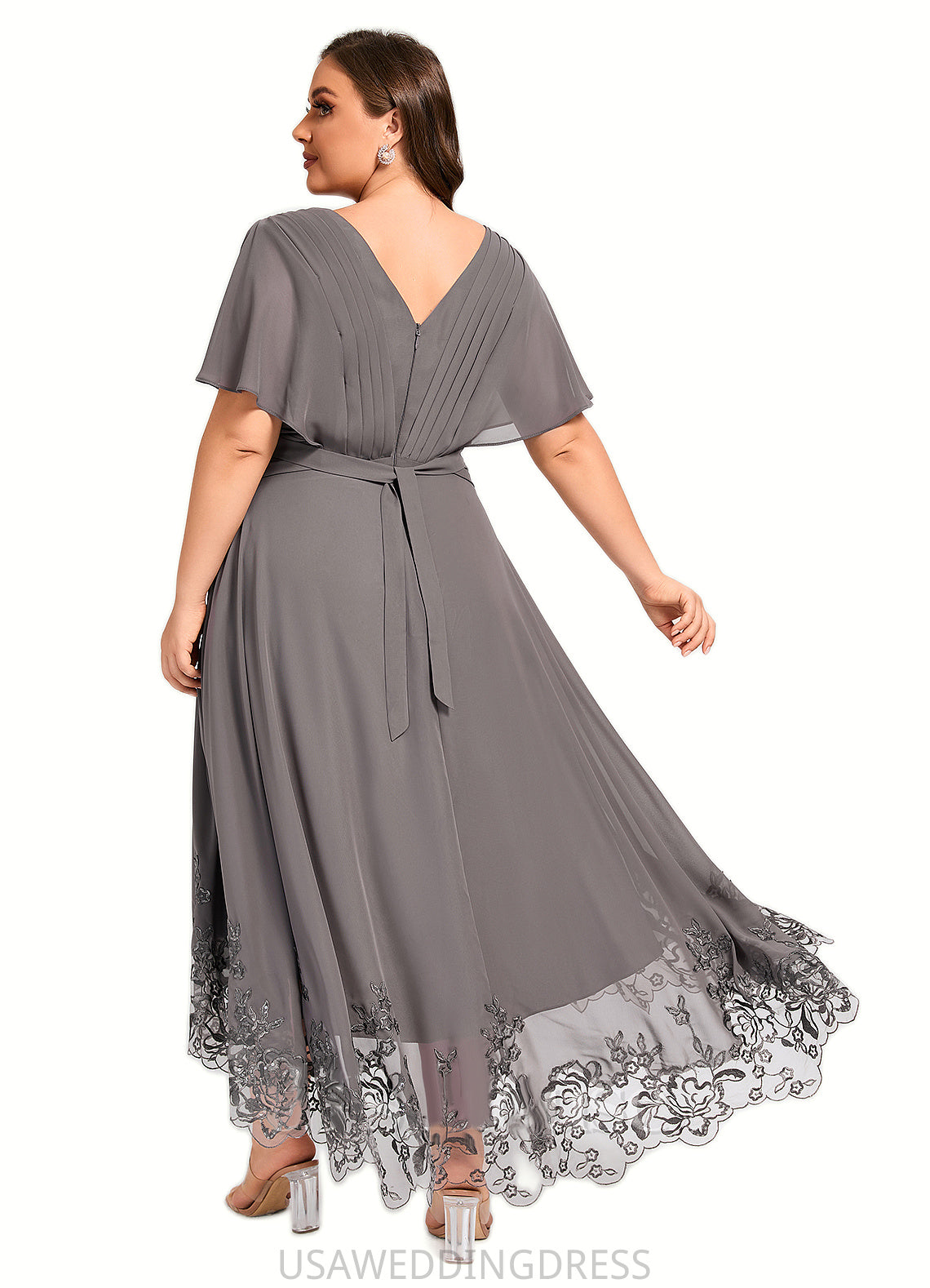 Aryanna A-line V-Neck Asymmetrical Chiffon Lace Mother of the Bride Dress With Pleated DS126P0021699