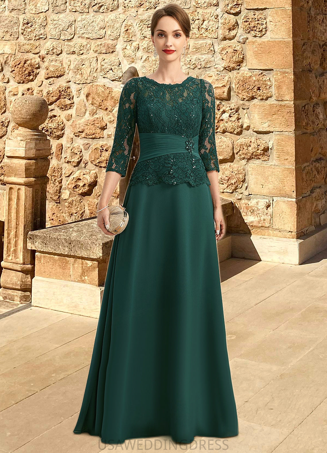 Xiomara A-line Scoop Illusion Floor-Length Chiffon Lace Mother of the Bride Dress With Beading Pleated Sequins DS126P0021700